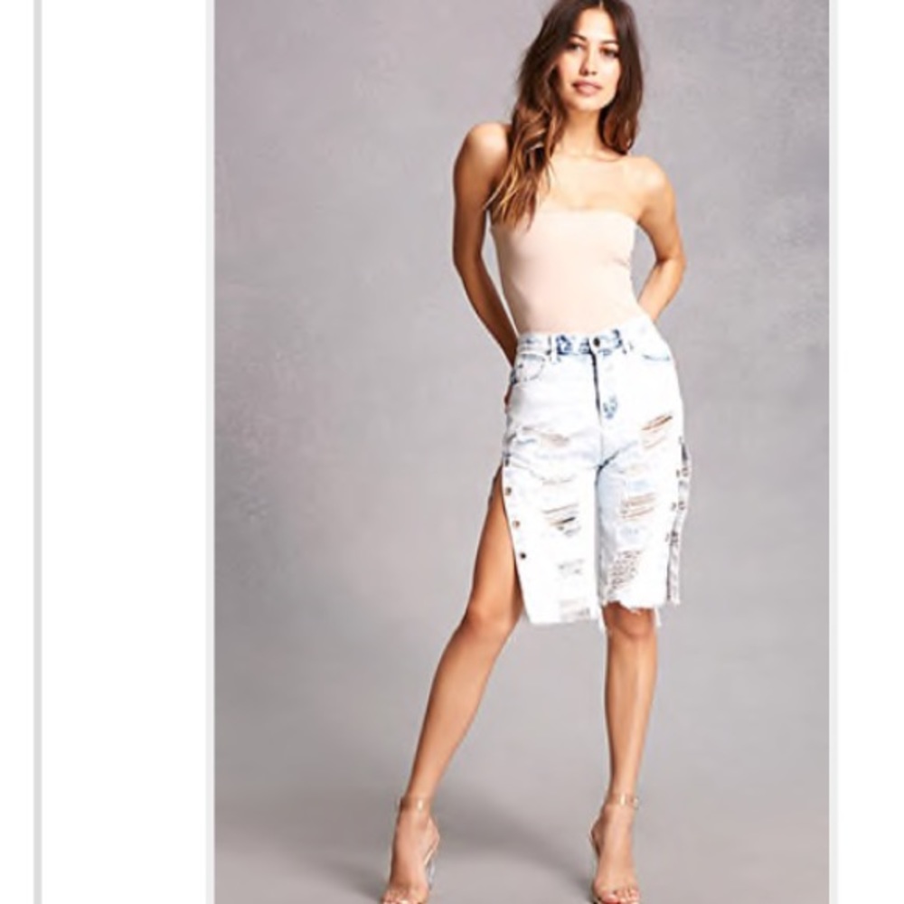 F21 Distressed Denim Bermuda Shorts